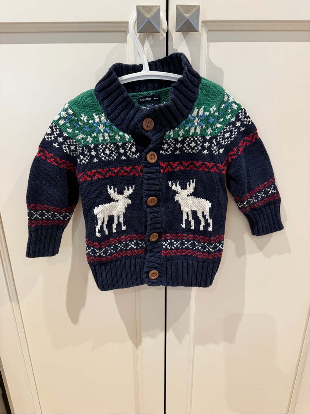 Baby gap 12-18m GAP Navy Fair Isle Moose Cardigan with Green and Red Accents
